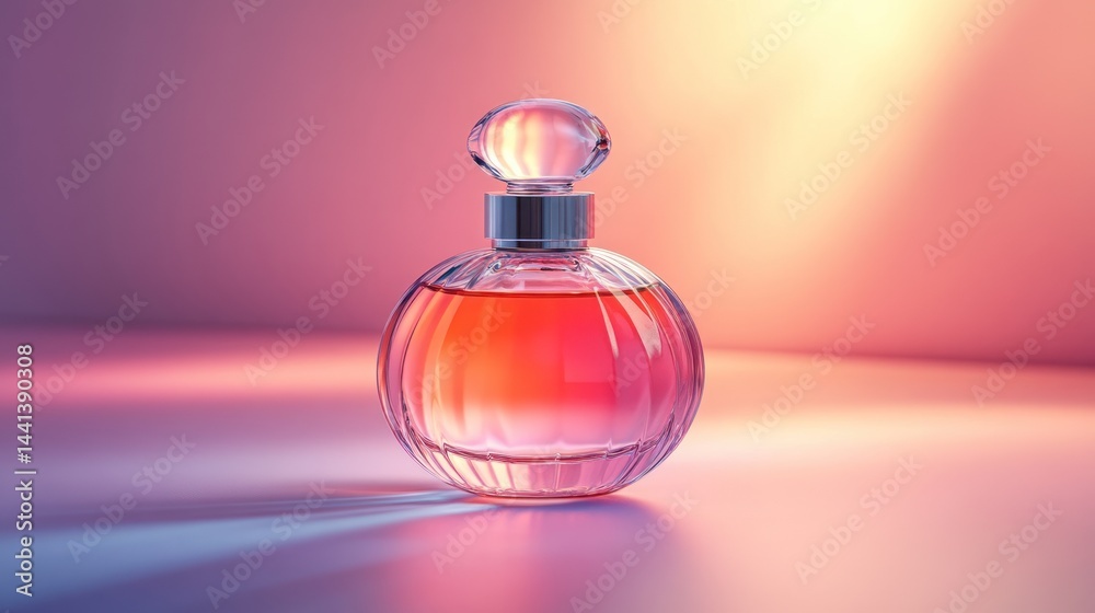 Perfume bottle with liquid on a surface with pink and orange lighting. Perfume bottle with liquid on a surface with pink and orange lighting.