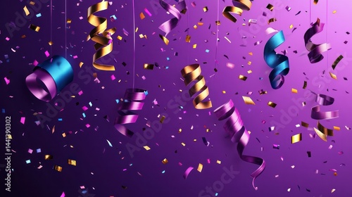 Vibrant Celebration Party Confetti and Hanging Ribbons with Colorful Streamers and Shimme Lights for Festive Events and Joyful Occasions photo