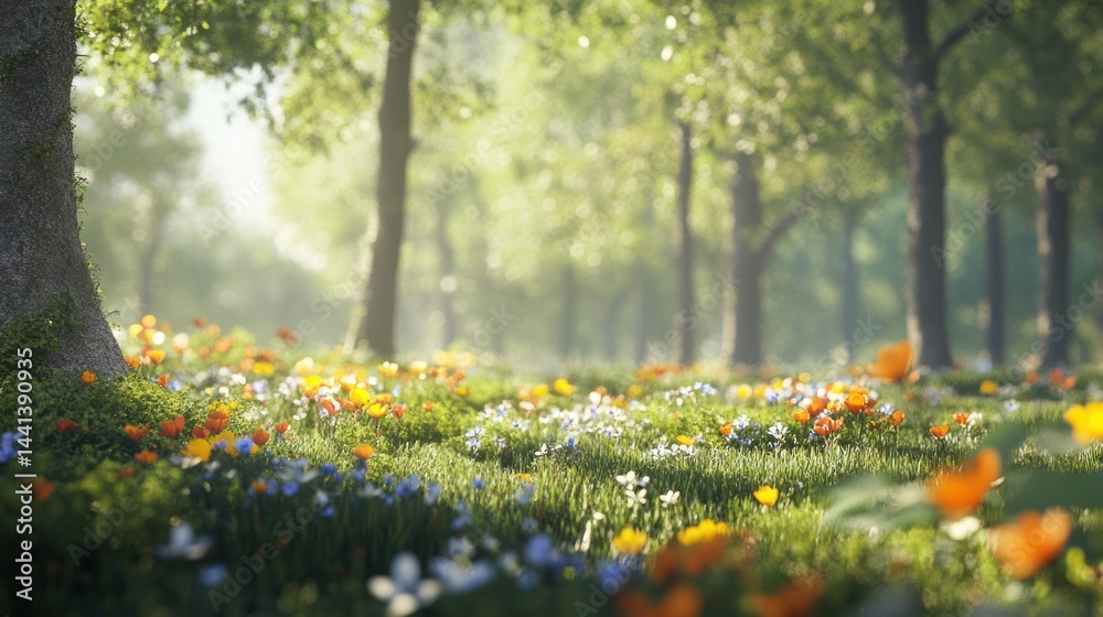 Fototapeta premium Beautiful vibrant blooming wildflowers and colorful meadow with lush green trees under clear sunny sky in a peaceful natural outdoor park scene