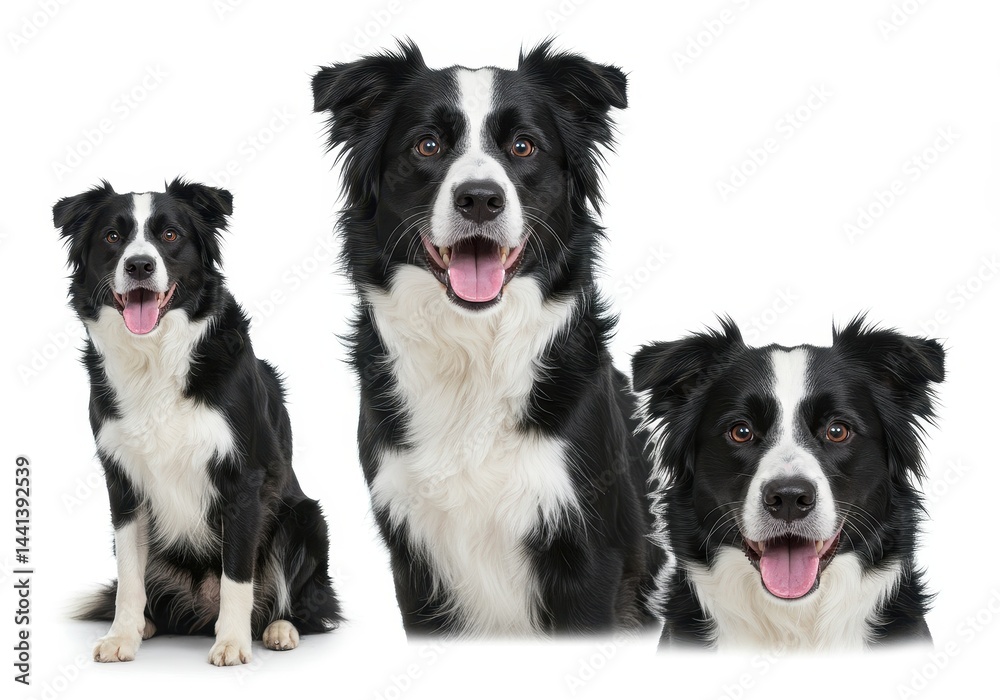 Fototapeta premium Three border collies with black and white fur posing against a white background in a studio shot