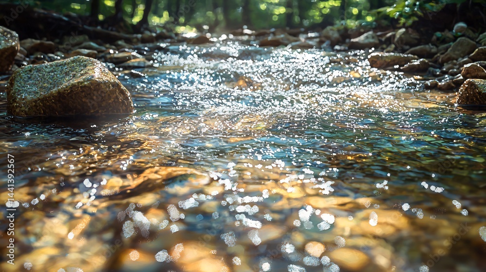 Fototapeta premium Clear stream flowing through a rocky creek in the woods illuminated by sunlight creating a picturesque scene