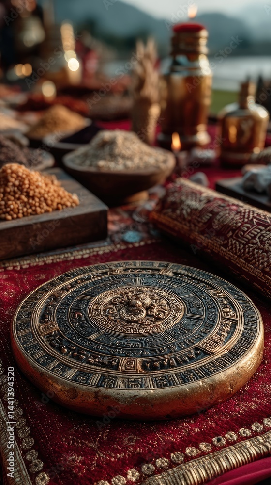 Fototapeta premium Golden sun medallion with Andean patterns on crimson fabric, surrounded by corn and quinoa offerings, symbolizing Inti Raymi's sacred connection to