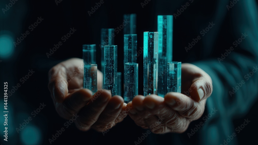 Human hands interact with a 3D holographic graph showing rising profits, set in a minimal high-tech environment with digital elements floating in the air.
