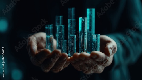 Obraz na płótnie Human hands interact with a 3D holographic graph showing rising profits, set in a minimal high-tech environment with digital elements floating in the air. w salonie