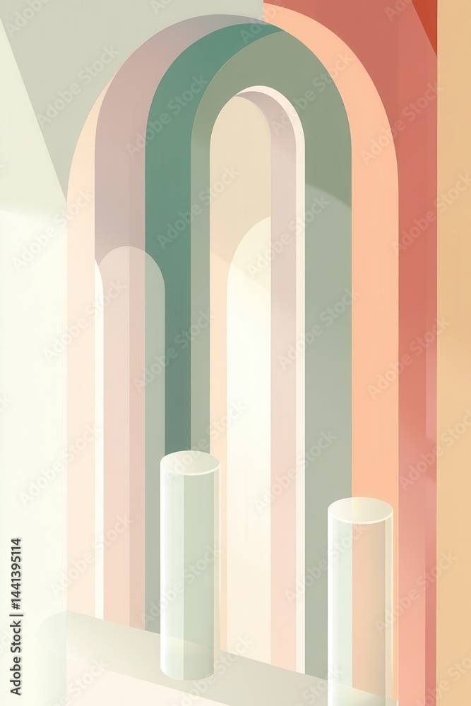 Abstract pastel arches and cylinders creating a minimalist geometric composition with soft light and shadow for modern design projects and artistic backgrounds Abstract pastel arches and cylinders creating a minimalist geometric composition with soft light and shadow for modern design projects and artistic backgrounds