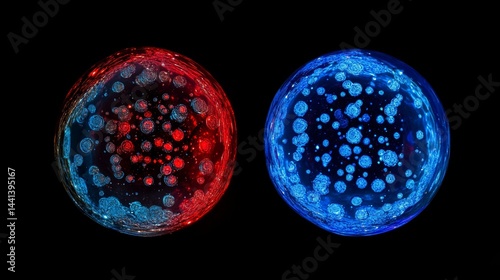 Blue Glowing Cells Inside Red and Blue Bubbles Abstract Science Concept 