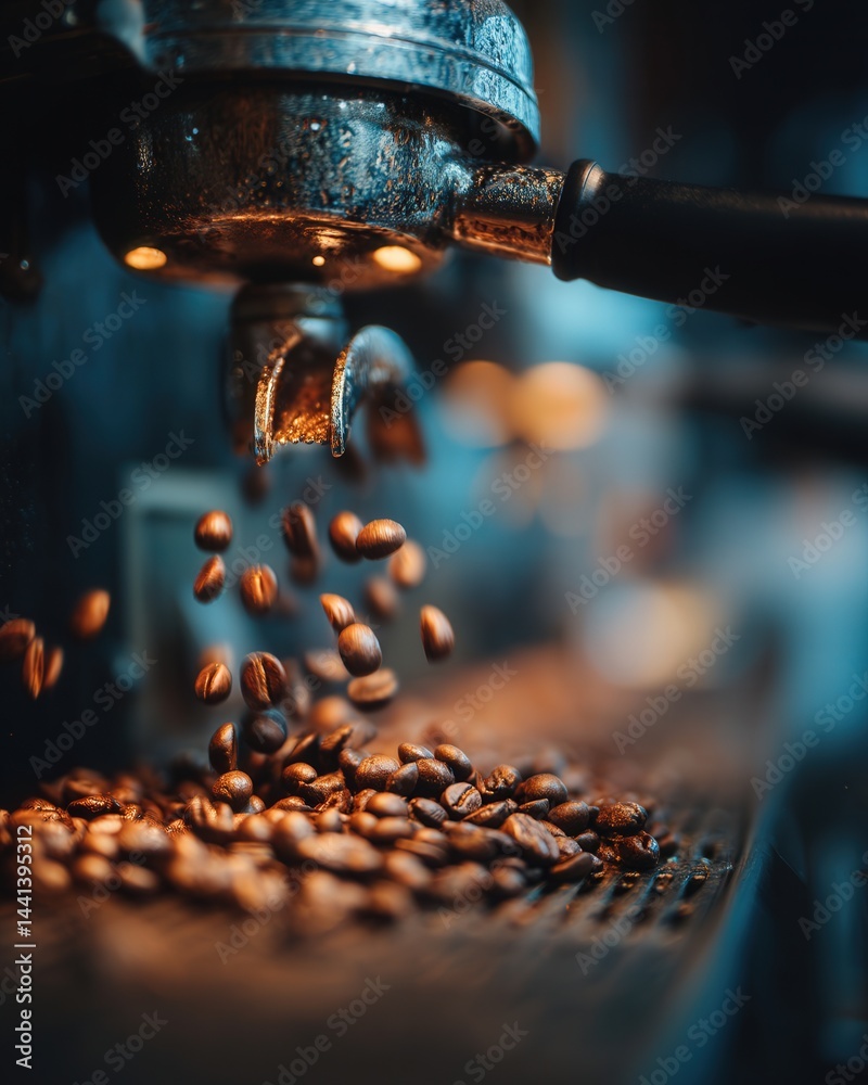 Young barista operates a high-tech espresso machine in a stylish modern café, with coffee beans flying in mid-air, warm lighting, clean composition.