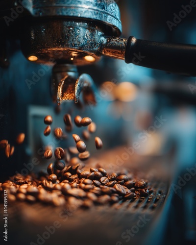 Obraz na płótnie Young barista operates a high-tech espresso machine in a stylish modern café, with coffee beans flying in mid-air, warm lighting, clean composition. w salonie