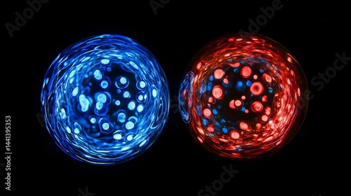 Blue Glowing Cells Inside Red and Blue Bubbles Abstract Science Concept 