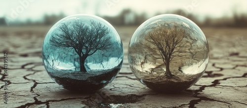 Two crystal balls reflect trees on cracked dry earth.