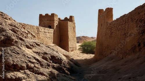 Ancient sun-baked fortress walls and towers in a desert canyon.