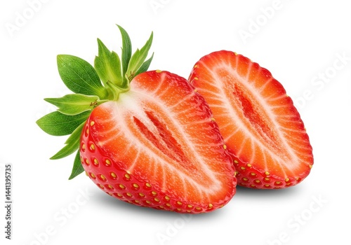A close up of a halved strawberry with green leaves on a plain white background in sharp focus view