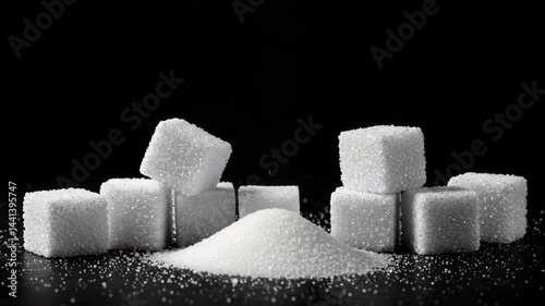 White granulated sugar falls onto pile sugar cubes on black background, close up. Slow motion. The concept of unhealthy eating, obesity, heart disease, diabetes