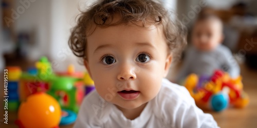 Baby girl playing with colorful toys on the floor, close-up. Possible use Children's education, baby products, parenting