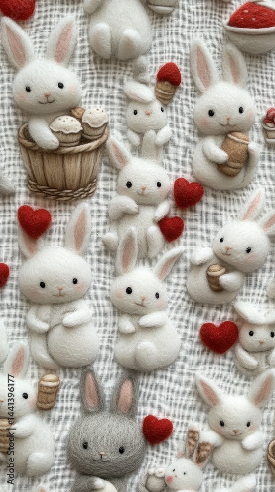 Obraz premium Adorable felted bunnies and hearts arranged on a textured fabric background creating a whimsical and charming Easter or springtime scene with a soft and dreamy aesthetic