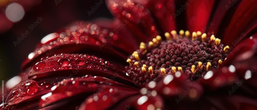 Captivating macro shot of a deep red flower with glistening water droplets showcasing nature's intricate details and the beauty of floral elegance in a dark background Captivating macro shot of a deep red flower with glistening water droplets showcasing nature's intricate details and the beauty of floral elegance in a dark background