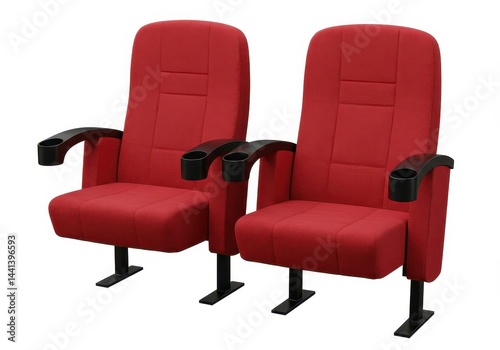 Two red theater seats with cup holders isolated on white background showing comfort and entertainment
