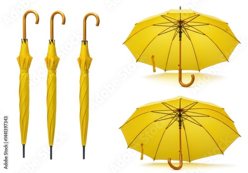 A display of yellow umbrellas in both open and closed positions on a white background studio shot