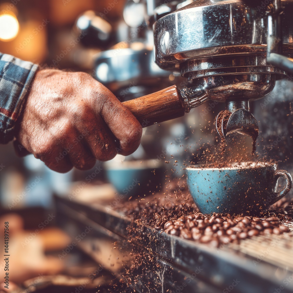 Young barista operates a high-tech espresso machine in a stylish modern café, with coffee beans flying in mid-air, warm lighting, clean composition.