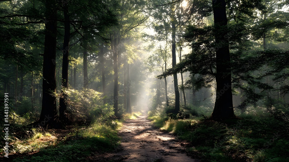 Obraz premium Sunlit Path Through a Hazy Forest