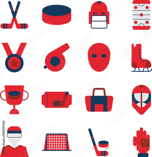 Hockey illustration set. Includes of puck, stick, goal, ice, player, helmet, skate, rink, sport, team, net, gloves, and More. Vector flat color collection	