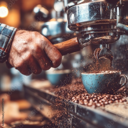 Obraz na płótnie Young barista operates a high-tech espresso machine in a stylish modern café, with coffee beans flying in mid-air, warm lighting, clean composition. w salonie