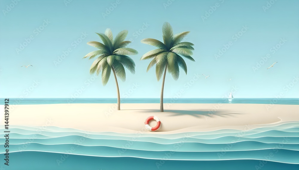 Fototapeta premium Tropical shoreline vector background showing wide sandy beach, scattered green palm leaves, red lifebuoy near calm blue water, under a clear sunny sky, simple banner style