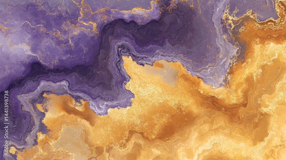 Elegant abstract background with fluid art technique featuring purple and gold marble texture for luxurious design and creative projects with artistic touch Elegant abstract background with fluid art technique featuring purple and gold marble texture for luxurious design and creative projects with artistic touch