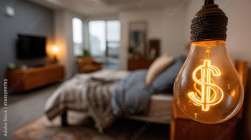Glowing incandescent bulb with bright neon dollar sign on wooden nightstand, cozy bedroom background, symbolizing energy conservation and rising costs.