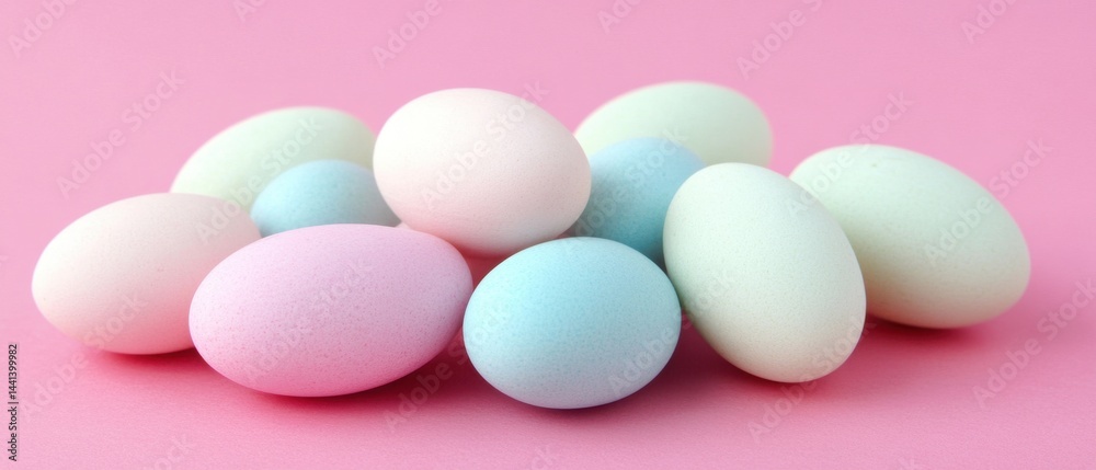 Pastel Easter Eggs on Pink Background A Festive Arrangement of Delicate Colored Eggs for Spring Holiday Celebrations and Decorative Art Projects with Soft Lighting
