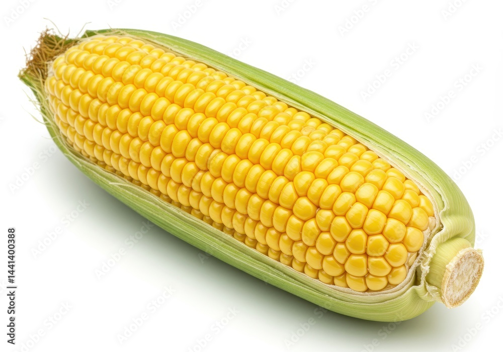 A single ear of corn still partially wrapped in its green husk on a white background isolated shot A single ear of corn still partially wrapped in its green husk on a white background isolated shot