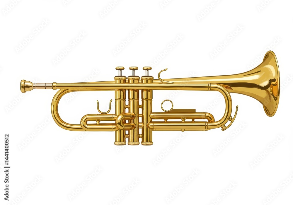 Obraz premium A shiny gold trumpet isolated on a white background with valves and tubing clearly visible detail