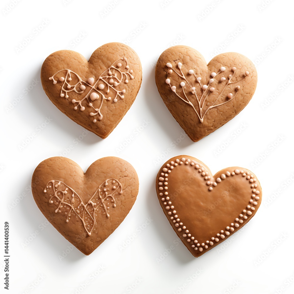 4 heart-shaped cookies, isolated on a white background, with no shadow under the cookies. 4 heart-shaped cookies, isolated on a white background, with no shadow under the cookies.