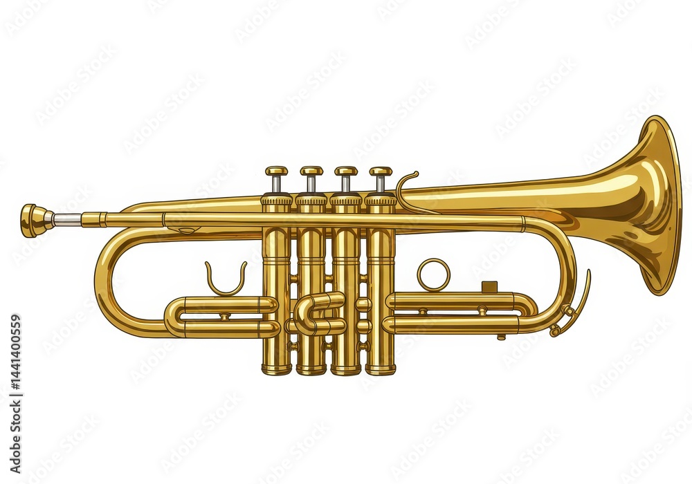 Obraz premium Illustration of a golden cornet musical instrument on a white background in a horizontal view