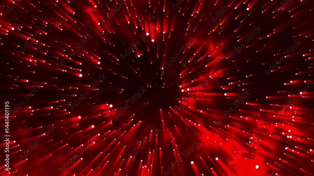 Floating red particle lights trail in space. Abstract shimmer rays motion background