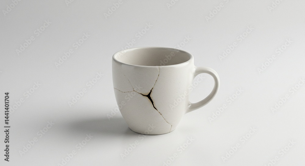 A cracked ceramic mug, with visible lines across the surface, sits against a plain white backdrop in a studio setting. A cracked ceramic mug, with visible lines across the surface, sits against a plain white backdrop in a studio setting.