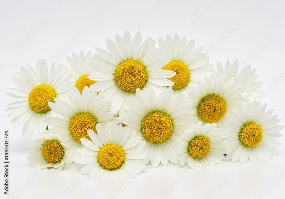 Obraz premium A cluster of white daisies with yellow centers arranged on a plain white surface in a close up view