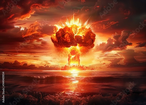 massive fiery explosion erupting over ocean water under intense orange and red sky with dramatic clouds and glowing light reflections on waves