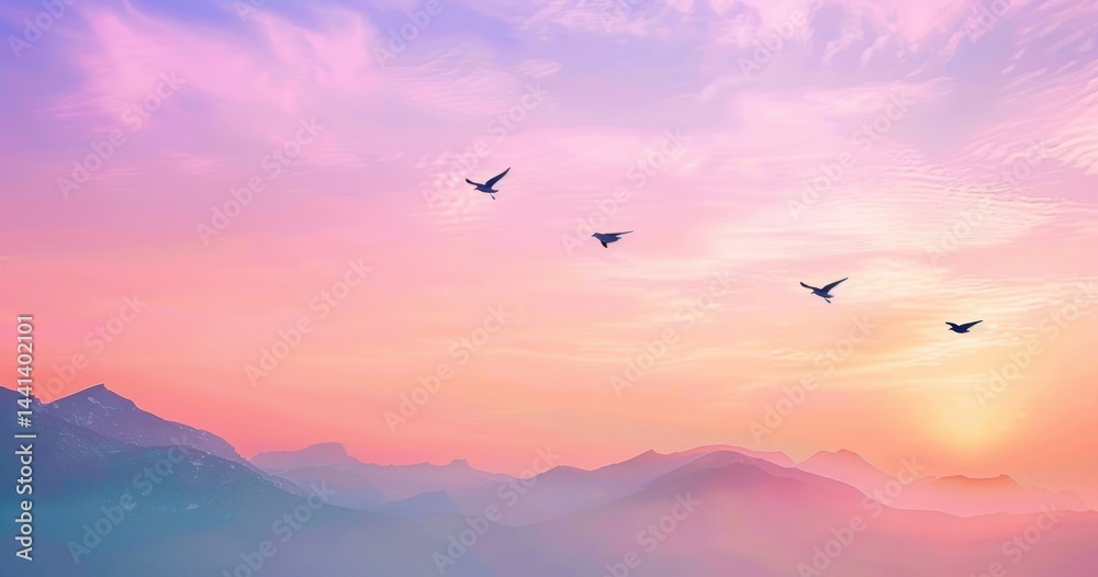 Fototapeta premium four birds flying over purple and blue mountain range during colorful sunrise with pink and orange sky creating a calm and peaceful atmosphere