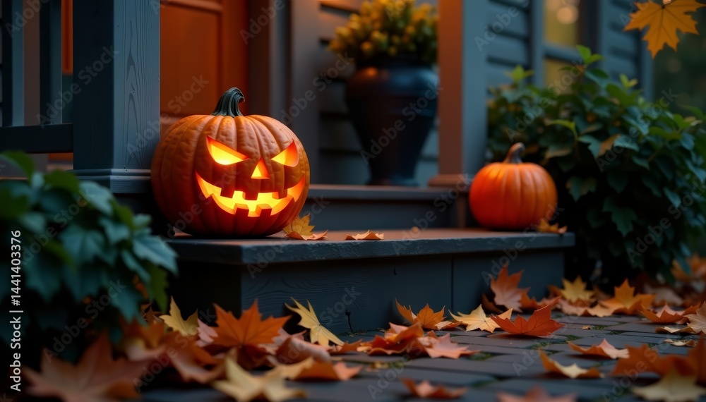 Obraz premium A spooky carved pumpkin lighting up the porch steps covered in autumn leaves, fall, autumn, porch