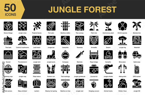Jungle Forest solid icon set. Includes foliage, forest, natural, plant, wild, tropical, and More. Solid icons vector collection.