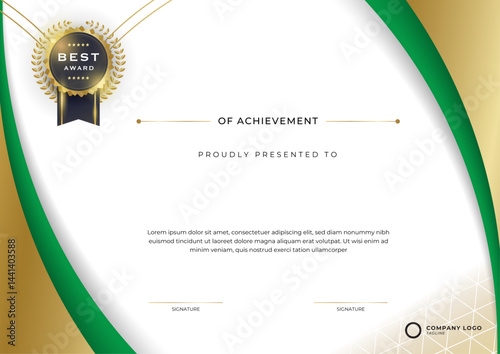 Elegant certificate of achievement template with golden shapes