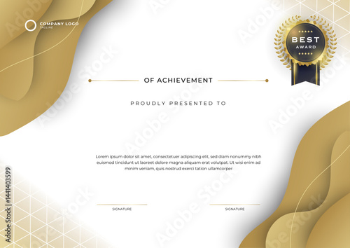 Elegant certificate of achievement template with golden shapes
