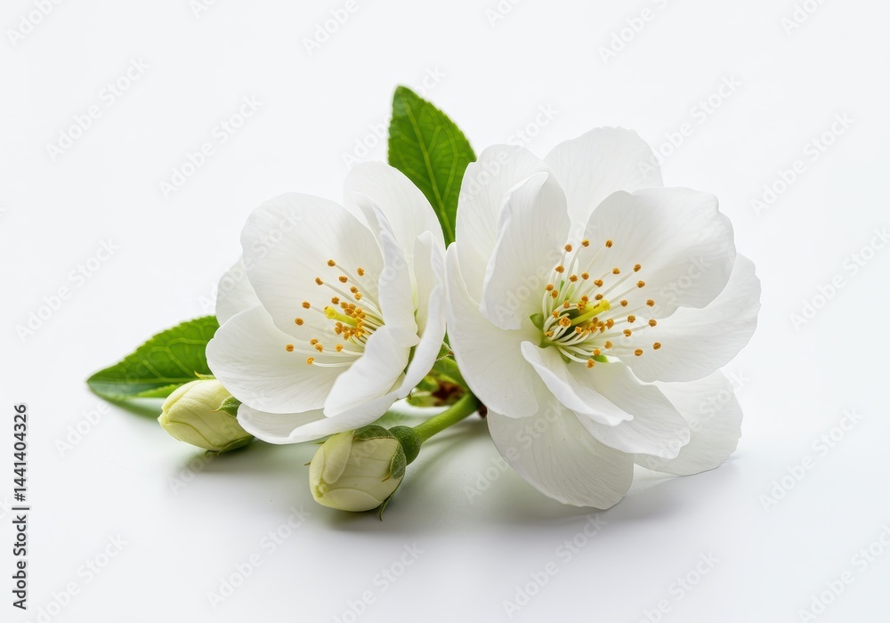 Fototapeta premium A close up of two white blossoms with yellow centers and green leaves on a white background space