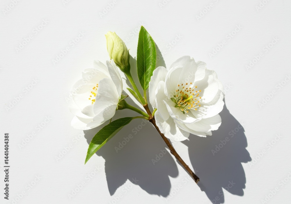 Obraz premium A delicate branch with two white blossoms and a bud against a stark white background casting shadows
