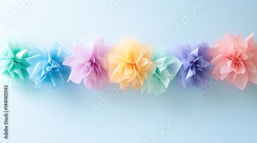 Colorful tissue paper flowers arranged in a row on a pastel blue background, showcasing a gradient of pastel colors, and creative DIY craft concept.