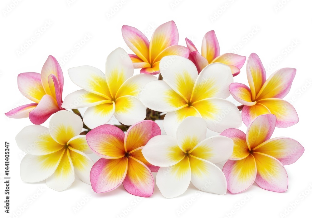 A cluster of plumeria flowers in shades of white pink and yellow on a white background isolated close up