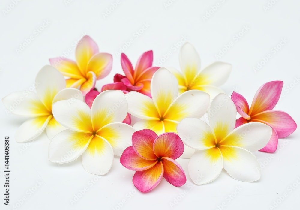 Naklejka premium A group of plumeria flowers in shades of white pink and yellow on a plain white background studio shot