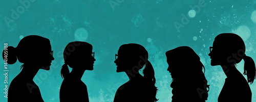A group of women are silhouetted against a blue sky. The women are all wearing glasses and have different hairstyles. Concept of unity and diversity among the women