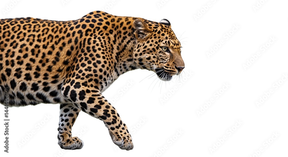 Obraz premium A sleek leopard strides across a pristine white background, showcasing its striking spotted coat and powerful feline form.